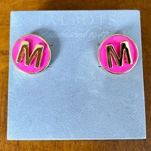 Talbots Initial M Letter Stud Earrings Pink And Gold NWT